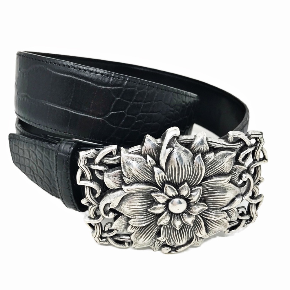 Sandy Duftler Designs Black Leather Embossed Belt Size S